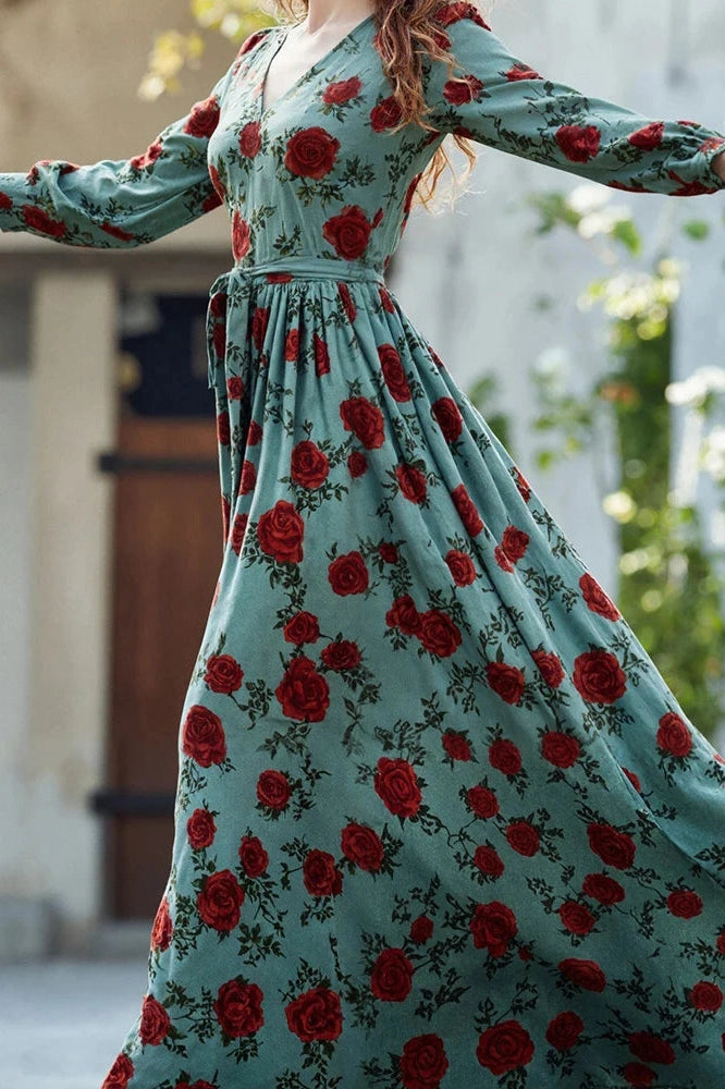 Glorol - Elegant Long Sleeve Slim Pleated V-Neck Printed Maxi Dress