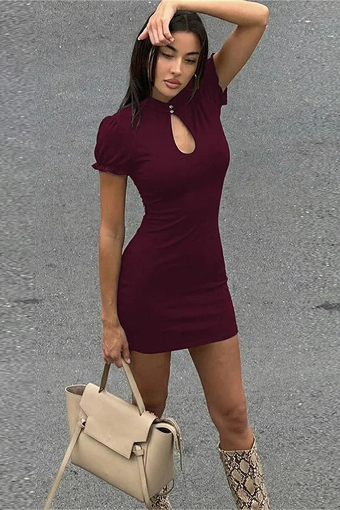 Glorol - Hollow Out Short Sleeve High Waist Bodycon Mini Dress