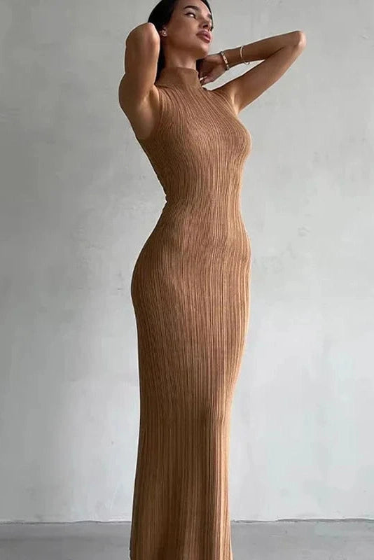 Glorol - Elegant Knitted Turtleneck Sleeveless Bodycon High Waist Maxi Dress