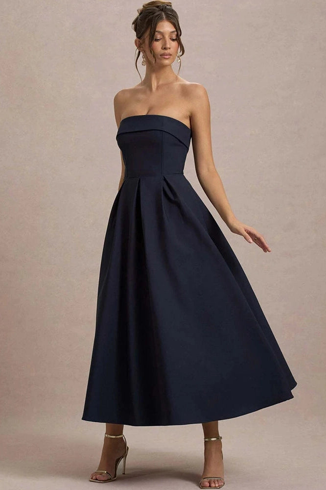 Glorol - Off-Shoulder Strapless Sleeveless Backless High Waist A-Line Midi Dress