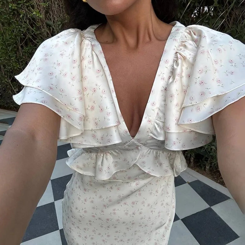 Glorol - Printed V-Neck Sleeveless High Waisted Maxi Dress