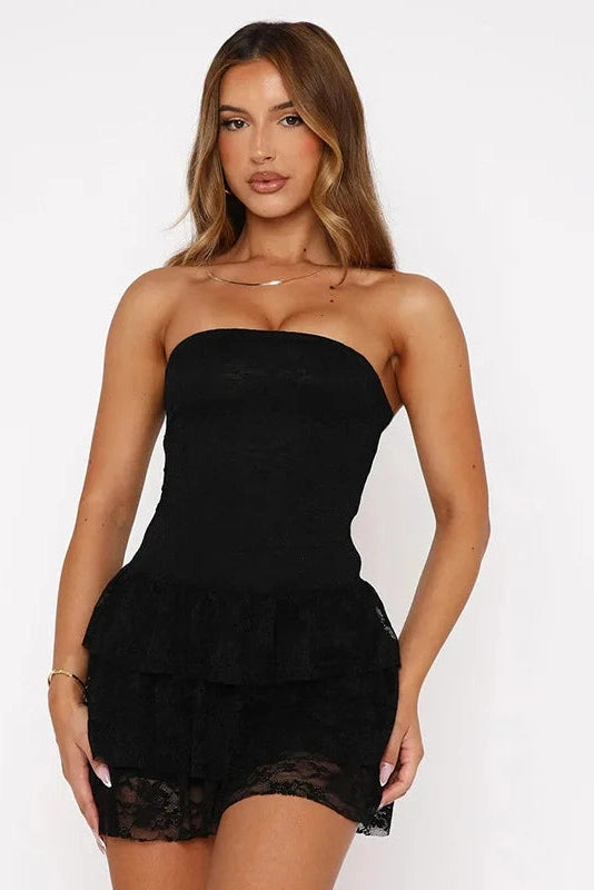 Glorol - Off-Shoulder Strapless Lace Sleeveless High Waist Pleated Mini Dress