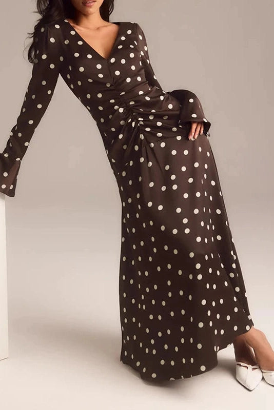 Glorol - Long Sleeve V-Neck Printed Pleated Maxi Dress