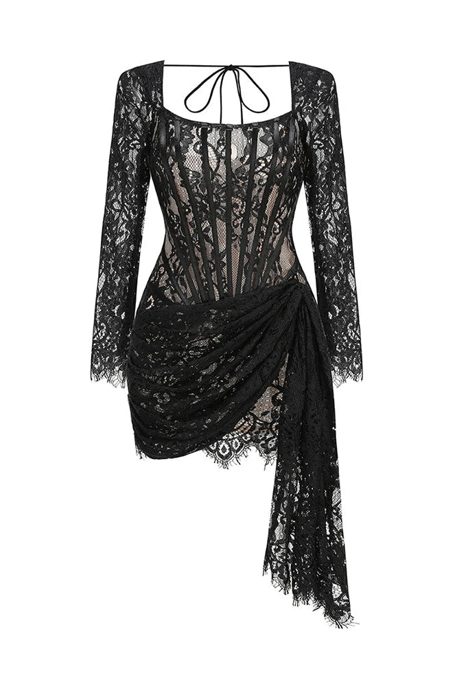 Glorol - Lace See-Through Patchwork Bodycon Irregular Mini Dress