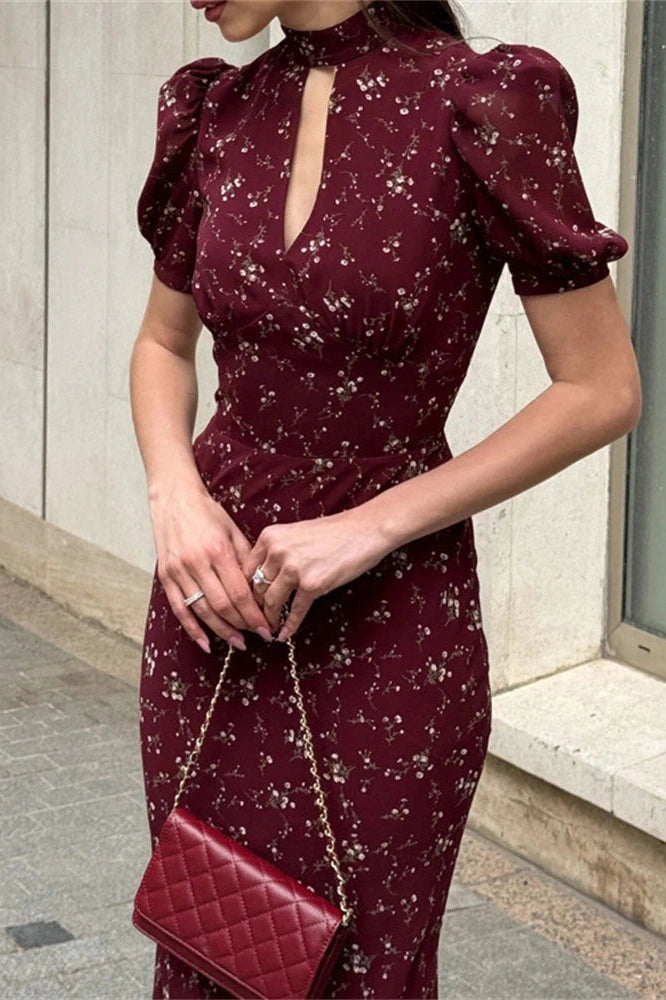 Glorol - Printed V-Neck Short Sleeve High Waist Maxi Dress