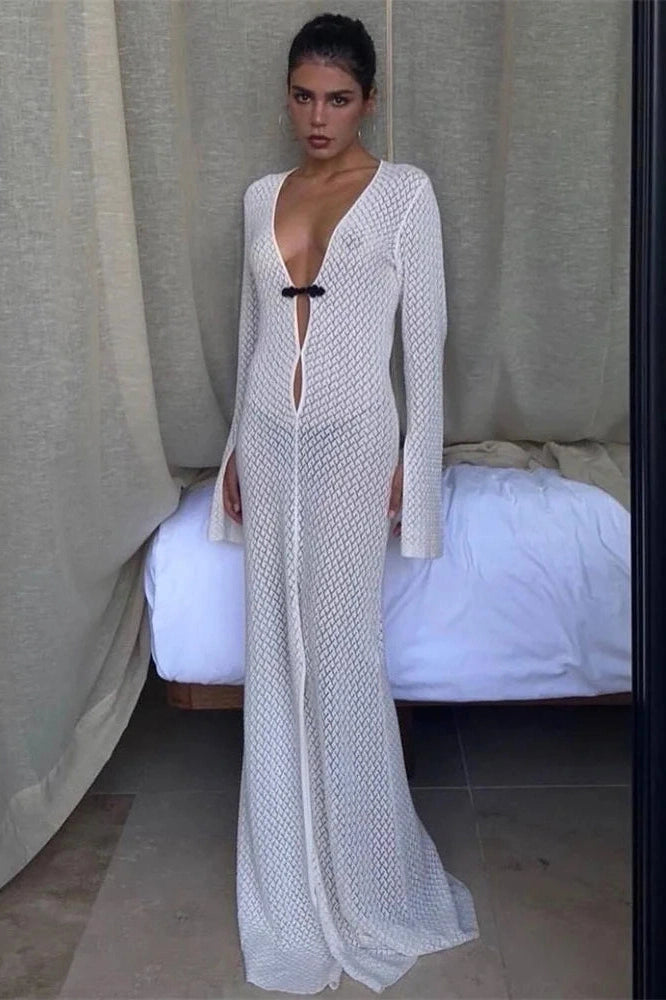 Glorol - Hollow Out Loose Long Sleeve V-Neck Maxi Dress