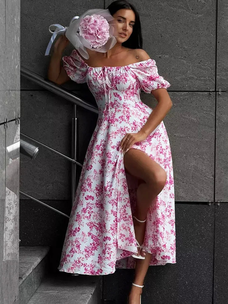 Glorol - Off Shoulder Lace Up Patchwork Print Maxi Dress