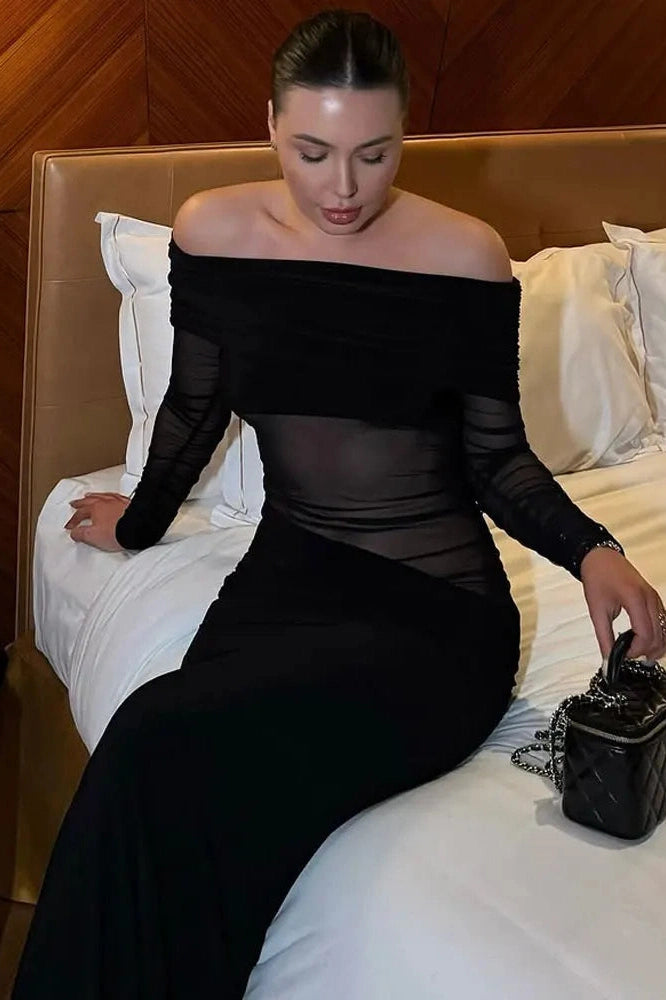 Glorol - See-Through Patchwork Off-Shoulder Long Sleeve Maxi Dress