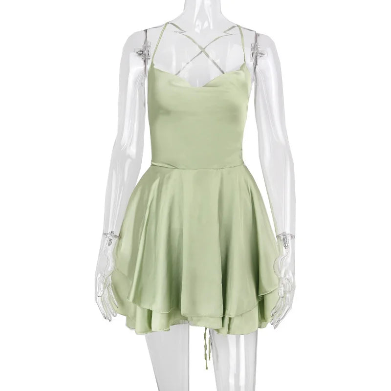 Glorol - Backless V-Neck Lace-Up Mini Dress