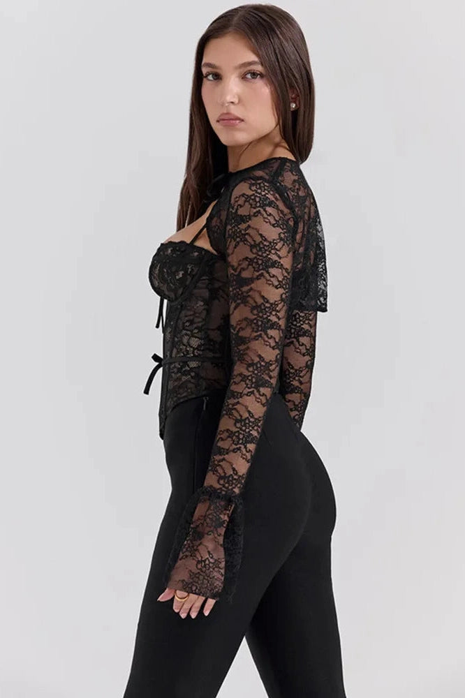 Glorol - Hollow Out Lace Long Sleeve Slim Top