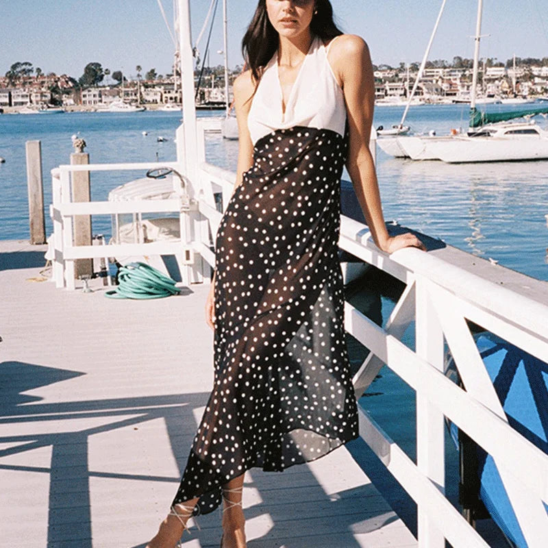 Glorol - Polka Dot V-Neck Lace-Up Maxi Dress