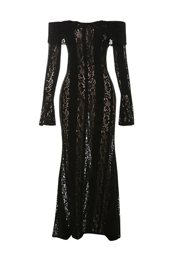 Glorol - Off-Shoulder See-Through Printed Lace-Up High Waist Maxi Dress