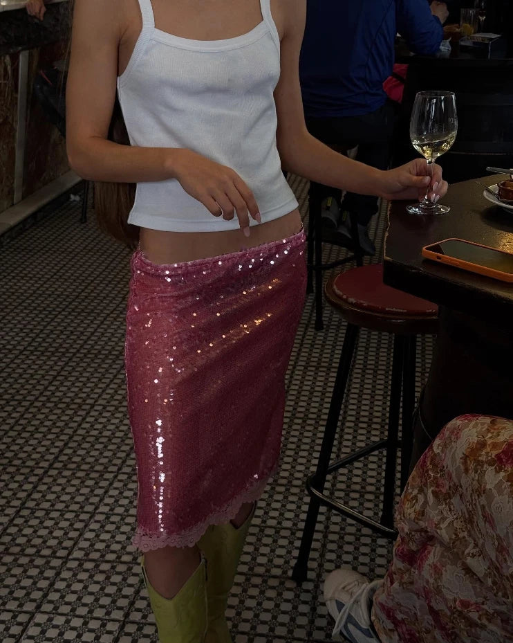 Glorol - Low Waist Sequins Lace Skirt