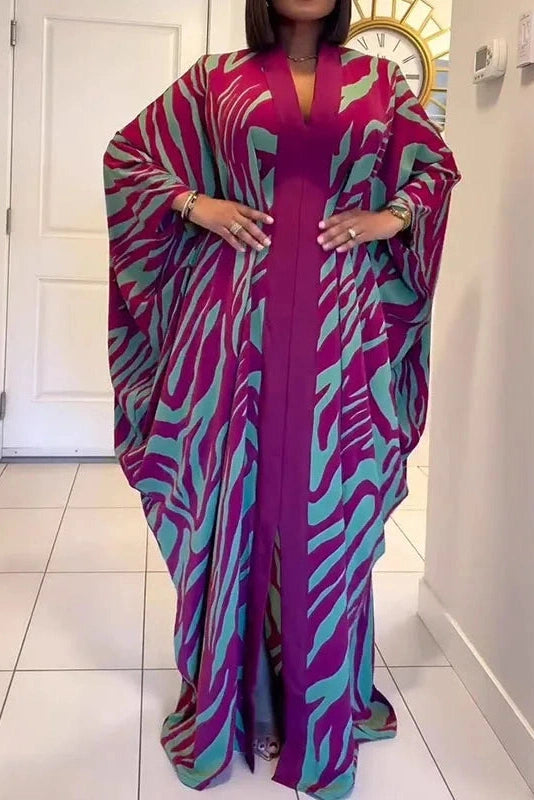 Glorol - Elegant Pleated Sleeves Loose V-Neck Maxi Dress