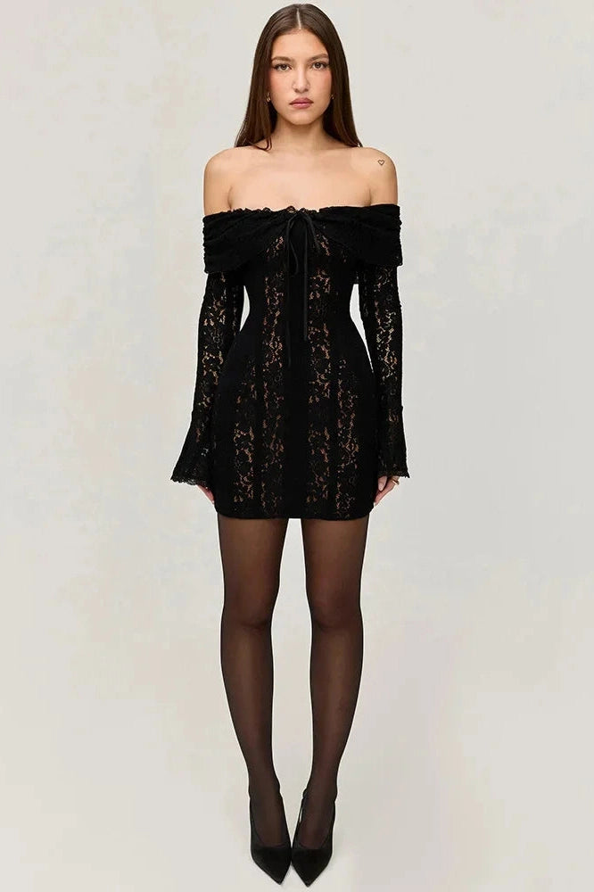 Glorol - Elegant Lace Flare Sleeve Off-Shoulder Slim Strapless Mini Dress