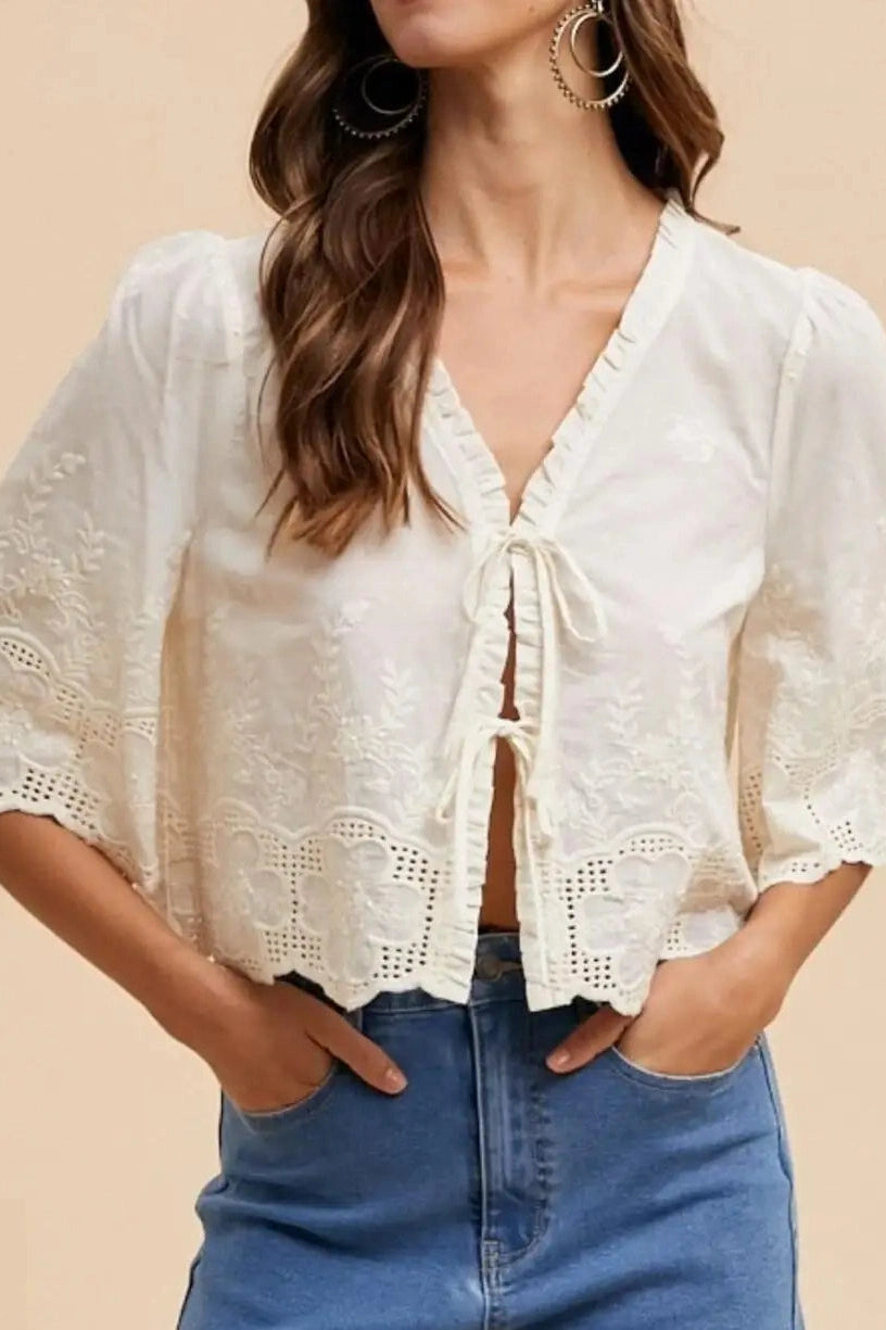Glorol - Short Sleeve Loose Sleeve Patchwork Tie-Up Top