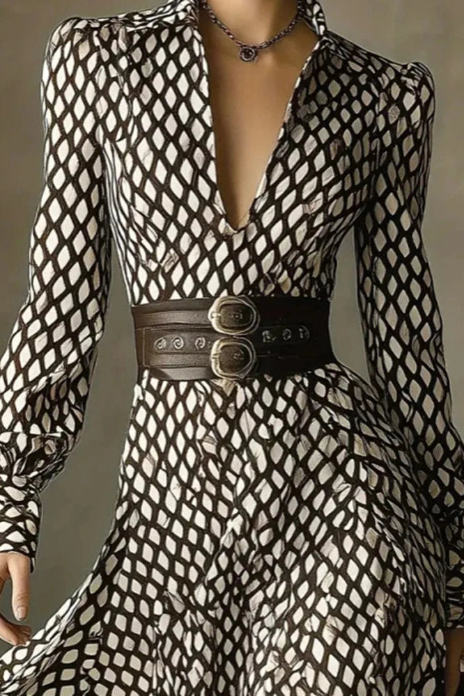 Glorol - Elegant Pleated High Waist Printed Long Sleeve Midi Dress