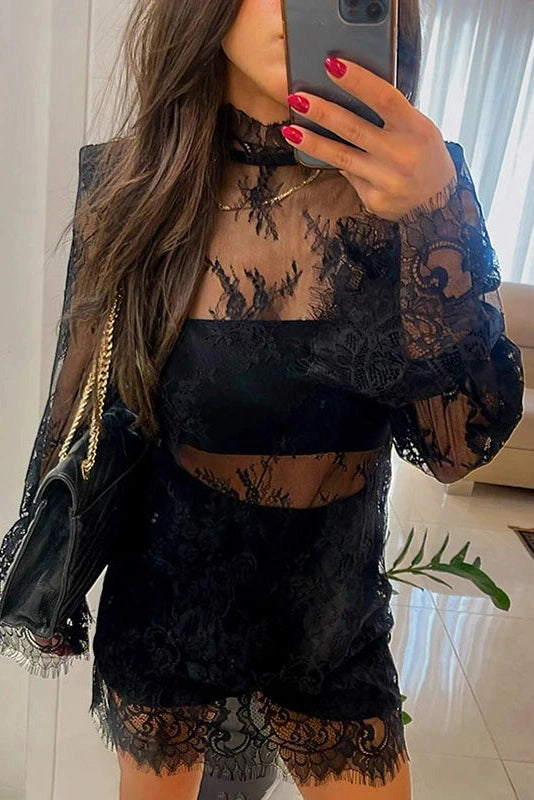 Glorol - Hollow Patchwork Lace A-Line Long-Sleeved Mini Dress