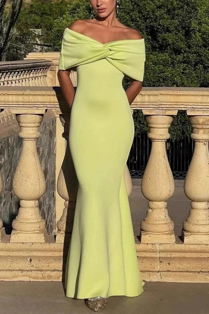Glorol - High Waist Off-Shoulder Slim Pleated Maxi Dress