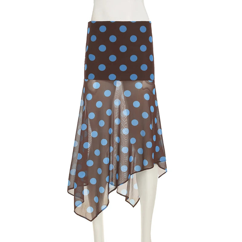 Glorol - High Waist Irregular Polka Dot Mesh Skirt