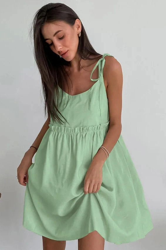 Glorol - Spaghetti Strap Loose Cotton Lace Up Mini Dress