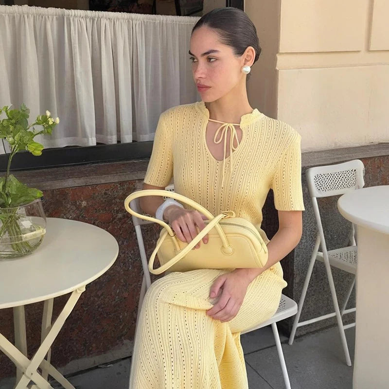 Glorol - Knitted Short Sleeve Slim High Waist Maxi Dress