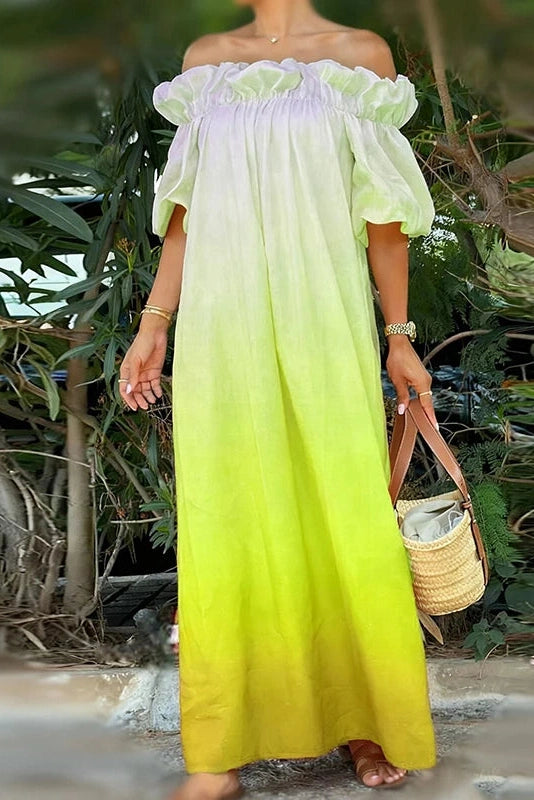 Glorol - Off-Shoulder Pleated Loose Slash Collar Printed Maxi Dress