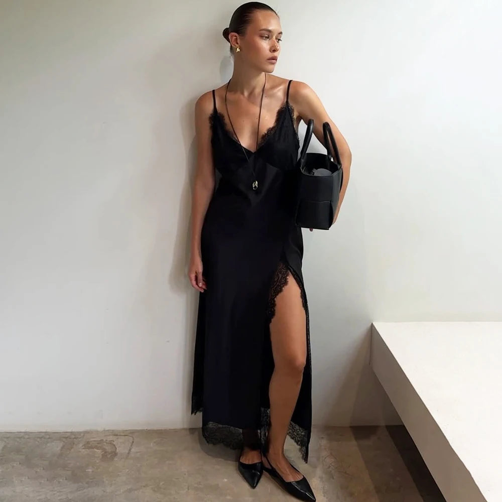 Glorol - Elegant Lace V-Neck Split Maxi Dress