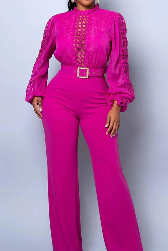 Glorol - High Waist Mesh Hollow Out Wide Leg Jumpsuit