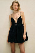 Glorol - Elegant Velvet Deep V Neck High Waist Spaghetti Strap Mini Dress
