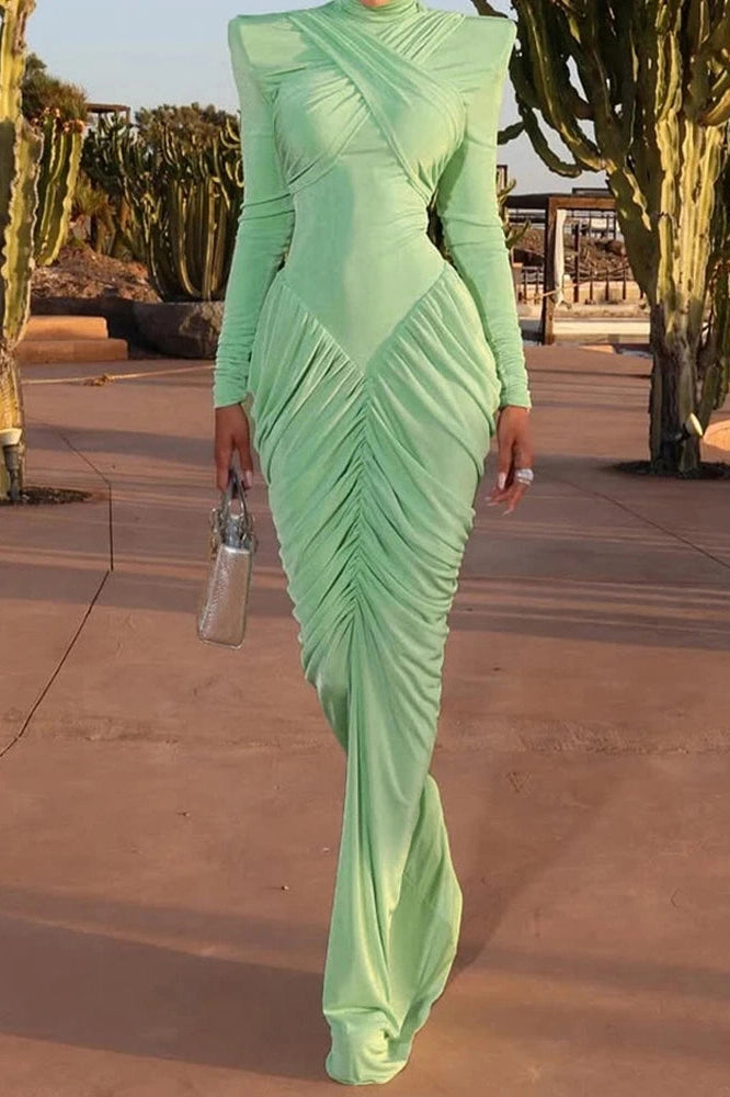 Glorol - Elegant Backless Slim High Waist Turtleneck Long Sleeve Pleated Maxi Dress