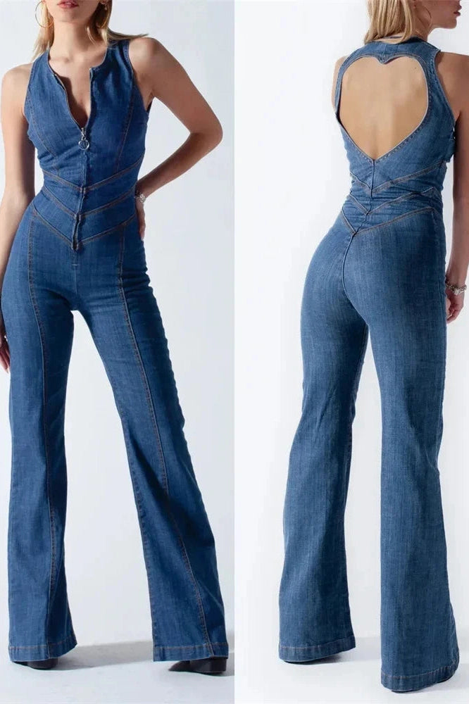 Glorol - Backless Sleeveless Heart Cutout Bodycon Jumpsuit