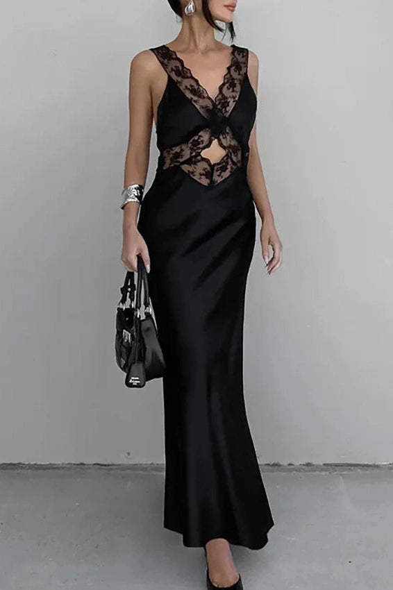Glorol - Lace Slim Deep V Neck High Waist Maxi Dress