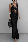 Glorol - Lace Slim Deep V Neck High Waist Maxi Dress