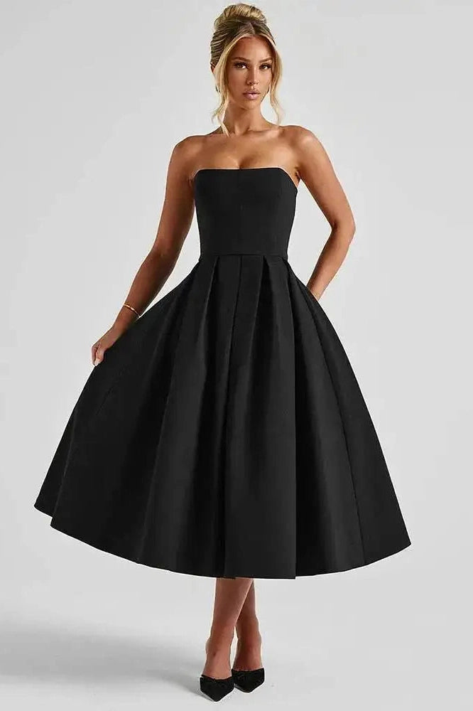 Glorol - Off-Shoulder Strapless Sleeveless Backless High Waist A-Line Midi Dress