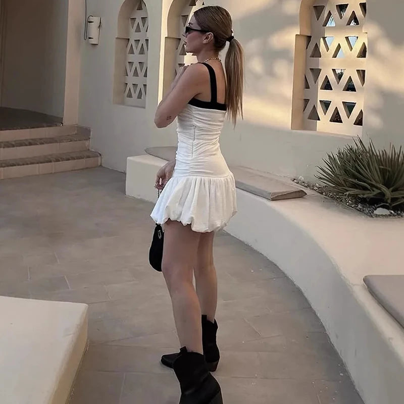 Glorol - Pleated Sleeveless High Waist Slim Mini Dress