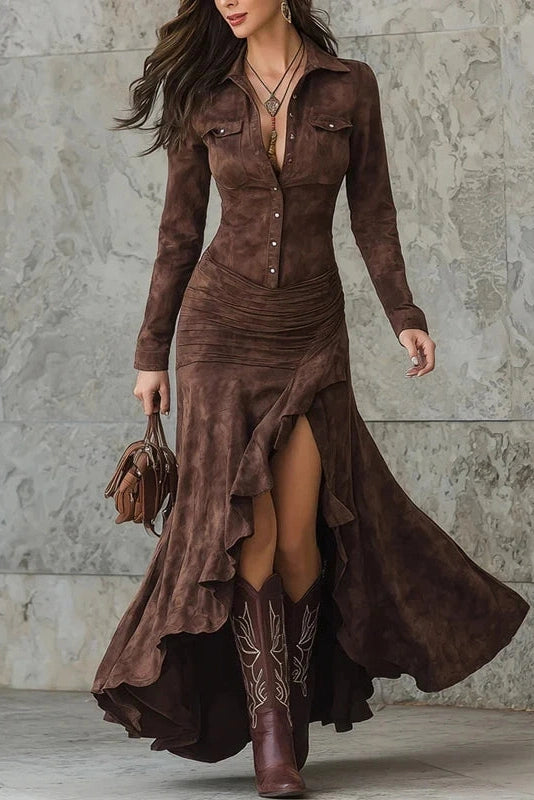 Glorol - Pleated Split Printed Slim Bodycon High Waist Maxi Dress