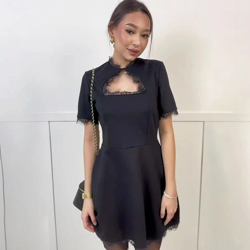 Glorol - Elegant Hollow Out Patchwork High Waist Mini Dress