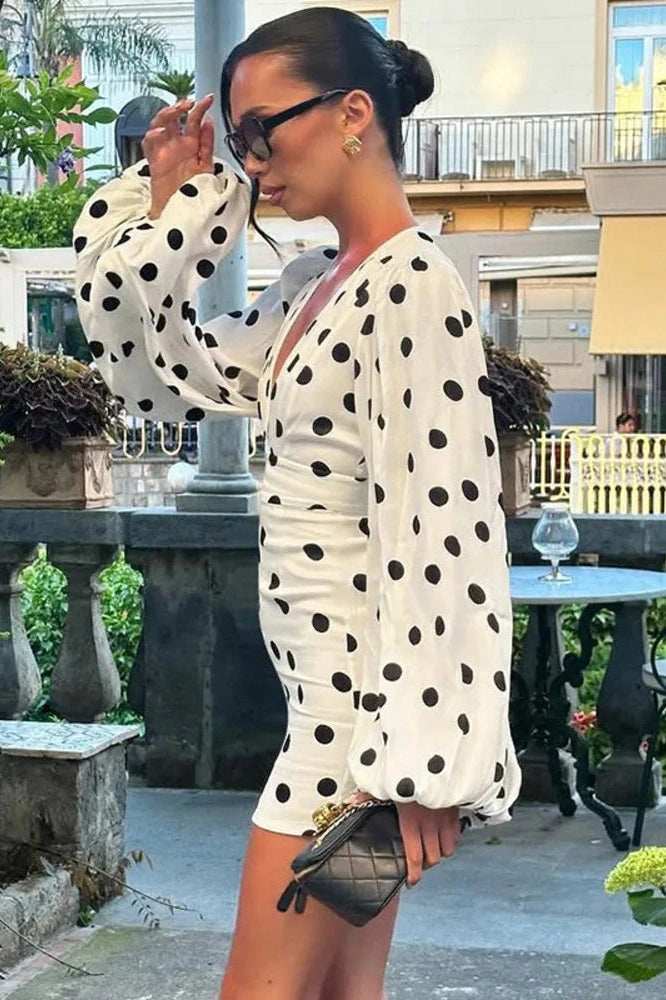 Glorol - Polka Dot Long Sleeve Deep V Neck High Waist Mini Dress