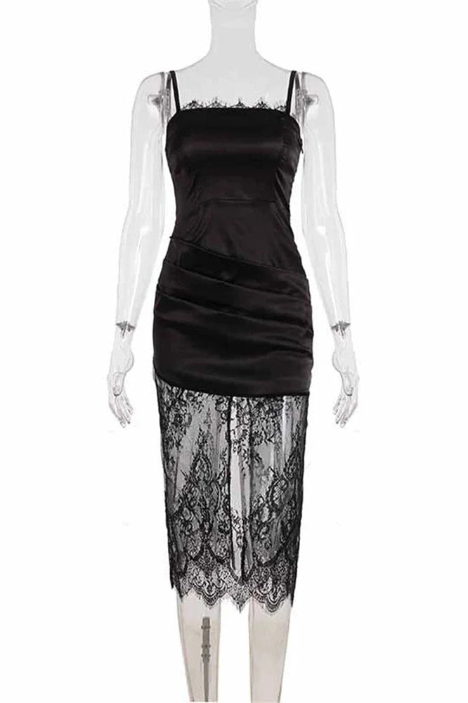Glorol - Lace See-Through Patchwork Backless Slim Midi Dress
