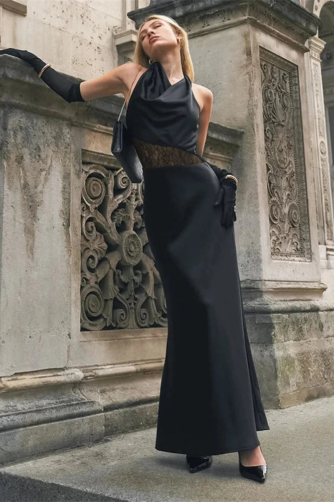 Glorol - Lace See-Through V-Neck High Waist Slim Maxi Dress