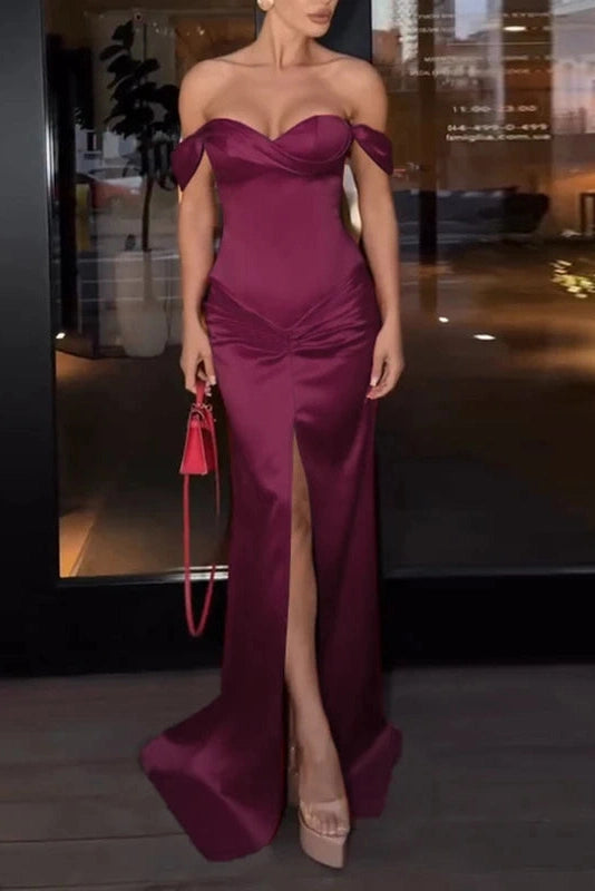 Glorol - Elegant Off-Shoulder Slim Split Maxi Dress