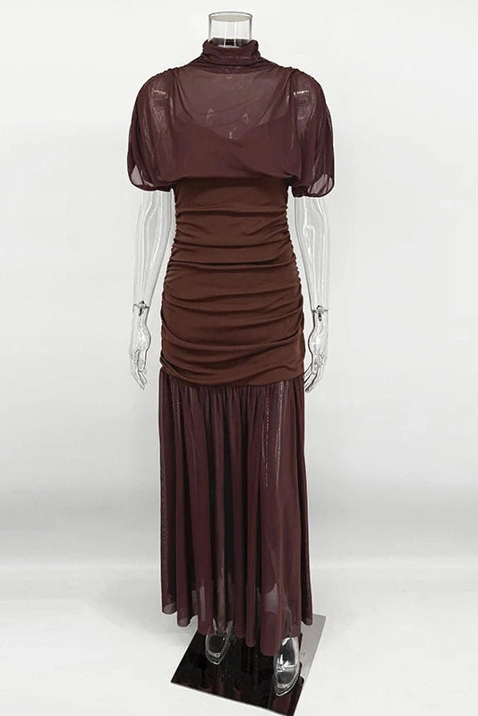 Glorol - Elegant Pleated Slim Sleeveless Turtleneck Maxi Dress