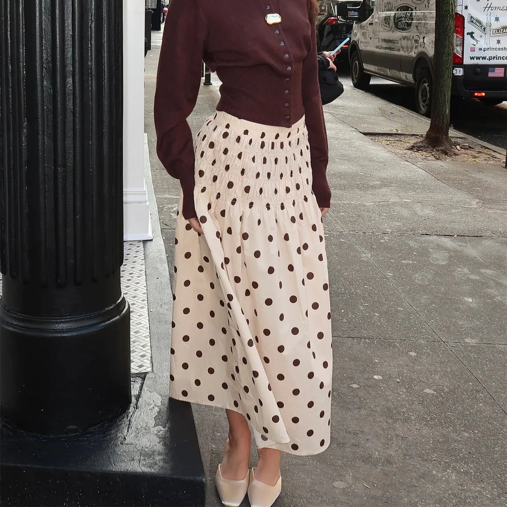 Glorol - Elegant Low Waist Dots Print Flowy Skirt