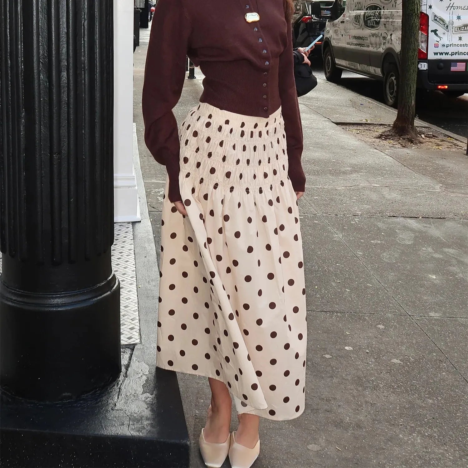 Glorol - Elegant Low Waist Dots Print Flowy Skirt