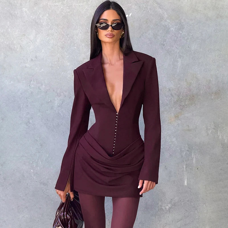 Glorol - Deep V Neck Long Sleeve High Waist Mini Dress