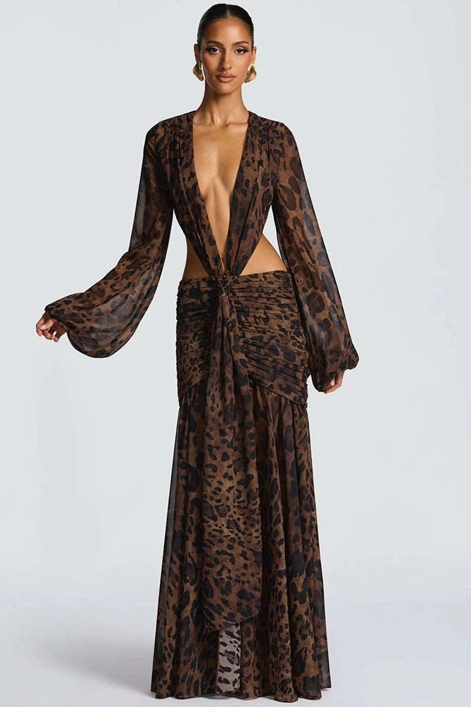Glorol - Hollow Out Printed Long Sleeve Backless Bodycon Maxi Dress