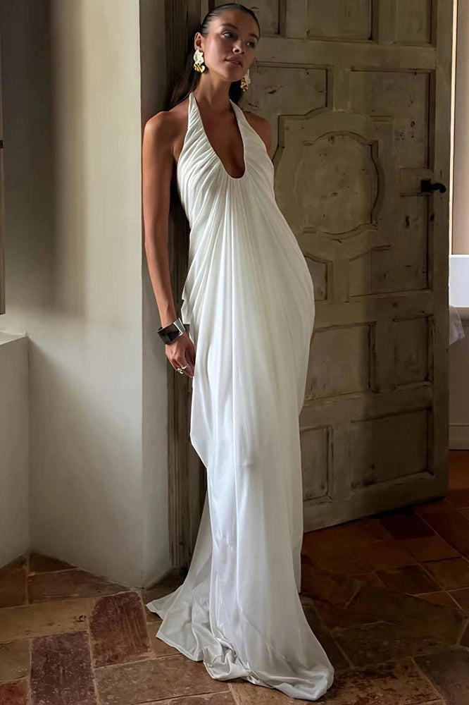 Glorol - Elegant Backless V Neck Sleeveless Pleated Maxi Dress