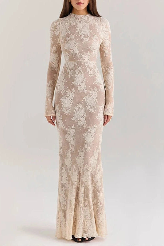 Glorol - Hollow Out O-Neck Pleated Printed Lace Long Sleeve Slim Maxi Dress