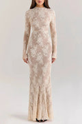 Glorol - Hollow Out O-Neck Pleated Printed Lace Long Sleeve Slim Maxi Dress